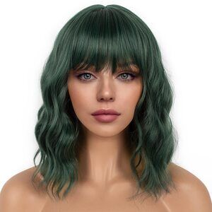 Women Dark Green Loose Wavy Wig Curly Wavy Shoulder Length Bob